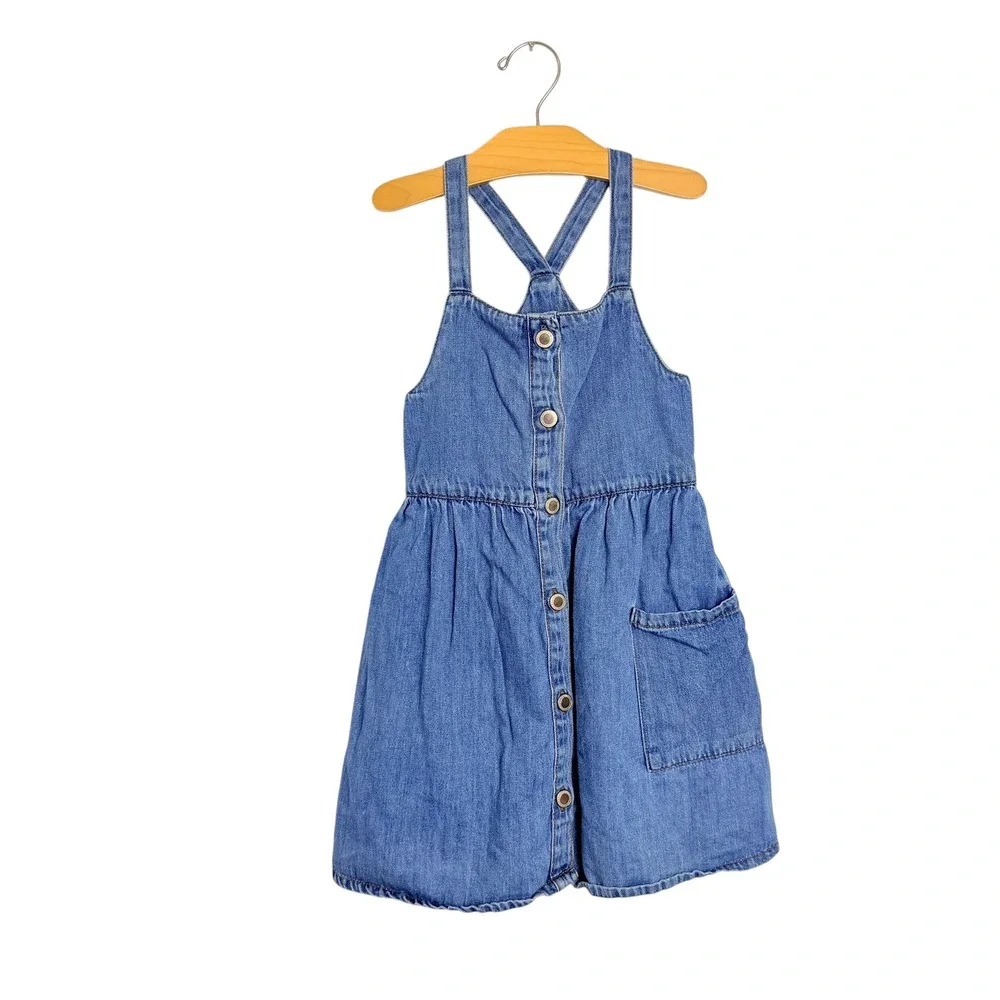 Zara Kids Girls Blue Denim Pinafore Dress Button Front Cross Back Size 8 128cm